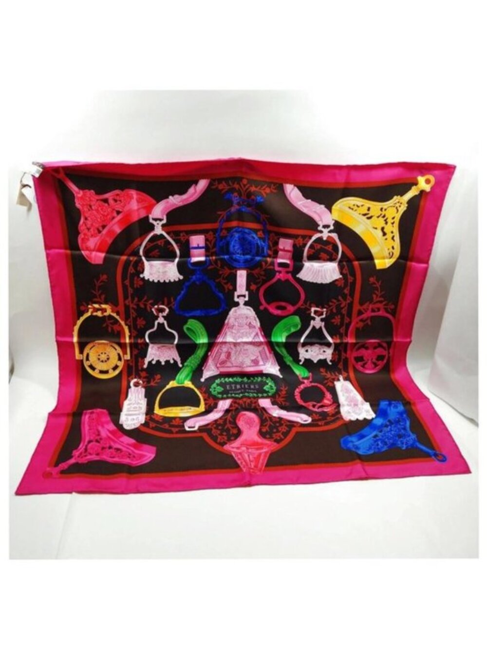 Authnetic Hermès Etriers Carré 90 Silk Scarf Pink Black - Picture 2 of 10